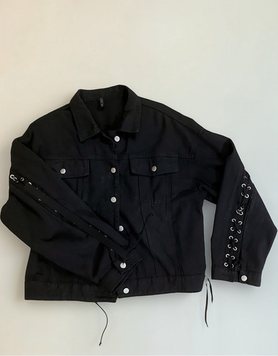Campera De Jean Negro Trenzada Apliques De Metal Rock (Usado)