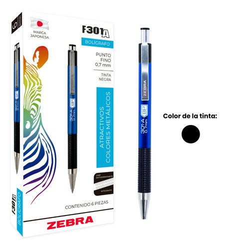 Zebra F-301 A Bolígrafo Retráctil 0.7 Mm Caja 6 Piezas Azul Negro