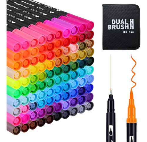 Plumones Dual Brush X100 Piezas, Punta Ultrafina Y Pincel