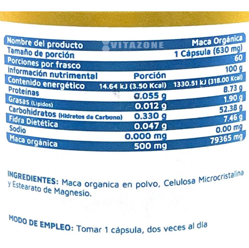 Imagen 2 de 4 de Maca Orgánica 60 Cápsulas Vidanat