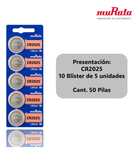50 Pilas Boton Cr2025 Murata Blister 5 Litio Distribuidor
