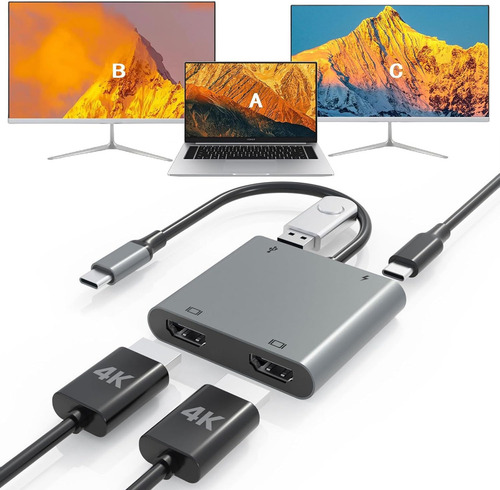 USB C to HDMI Adapter Dual 4K@60Hz, 4 in 1 USB C to HDMI Converter with 100W PD Charging USB 3.0, USB C to HDMI Splitter Extended Display Compatible Thunderbolt 3/4,para MacBook Pro Air,DELL