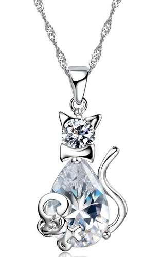 Collar Con Colgante Gato Baño Plata 925 Circones Dama 