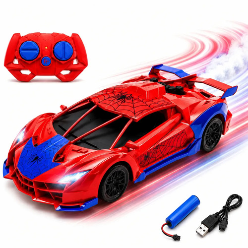 Carrinho de Controle Remoto Solta Fumaça Recarregável Luz Led Infantil Radical Homem Aranha Spider Vermelho Azul Kizumba