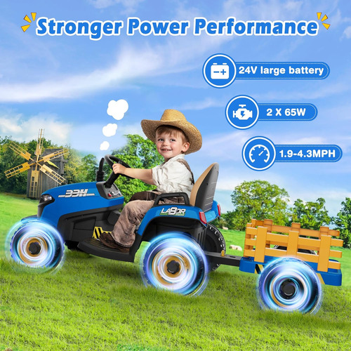 Tractor De Paseo De 24 V Con Remolque Inclinable, Azul