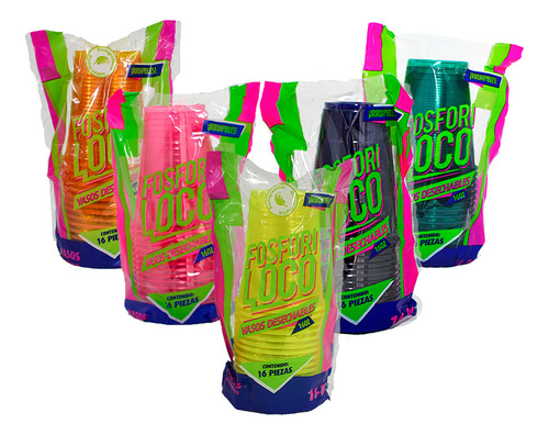 Vaso Neon Bio 16 Oz Y Popote Sombrilla Bio Para 60 Personas