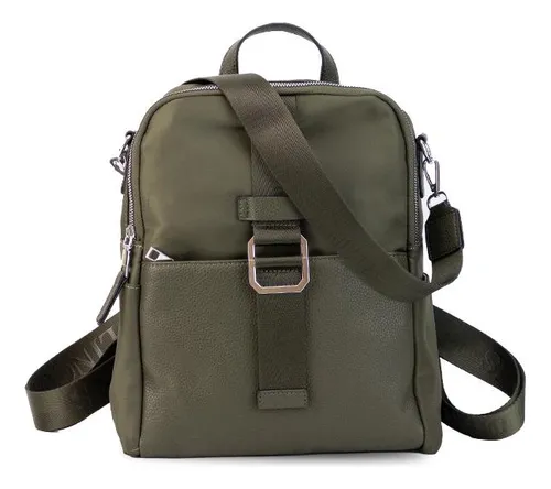 Mochila Impermeable Combinada En  Simil Cuero Lincolns Verde Militar