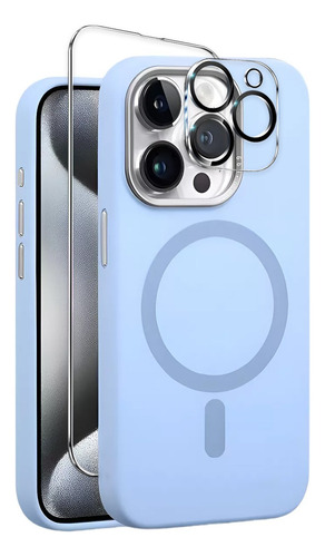 Funda Para Iphone Magsafe + Mica Pantalla + Mica Cámara Kit Azul Claro Iphone 14