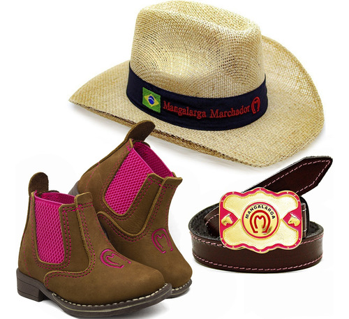 Kit Bota Rosa Infantil Botina Country Chapeu Cinto Couro