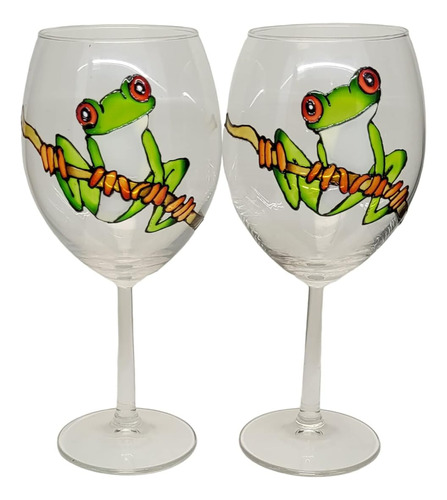 Copa De Vino Tallo Pintado Mano Rana Verde Set De 2