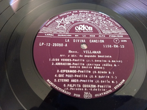 Hnos Villamar La Divina Cancion Lp Folk Ecuador Raro 1965 (Usado)