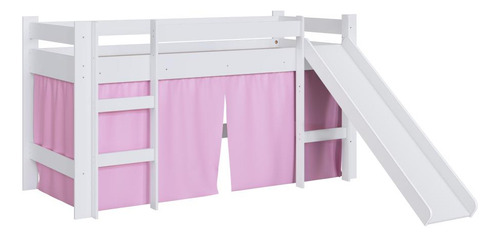 Cama Infantil Elevada Casinha Solteiro Escada E Escorregador Cor Branco Com Rosa Mktpbb1000