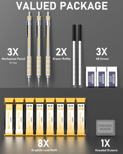 Set Portaminas Plateados Amarillo Punta 0.9mm Con Minas 3 Pz