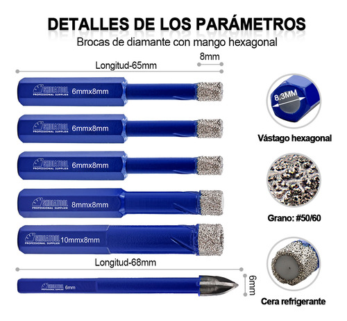 Brocas Diamante Seco 6pzs 6/8/10mm Cerámica Mango Hexagonal