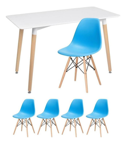 Kit Mesa Jantar Eames Retangular  4 Cadeiras Eiffel Wood Av Cor da tampa Mesa branco com cadeiras azul céu