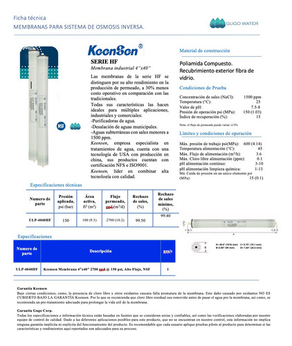 Imagen 4 de 5 de Membrana Osmosis 4x40 Ultra Baja Presión 150 Psi Keensen