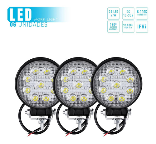 06un Farol Milha Redondo 09 Led 27w 12/24v Caminhão Trator