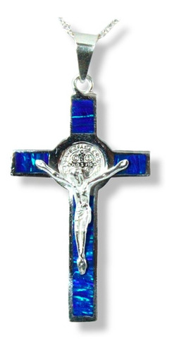 Crucifijo Plata 925 Ópalo Medalla San Benito Cruz Cadena