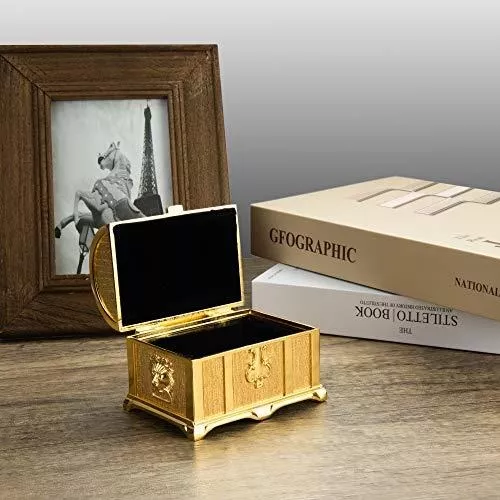 Feyarl 3.9inch Vintage Golden Treasure Box Jewelry Trinket Box Organizer  Keepsake Ring Earrings Box Chest for Valentine Wedding Christmas Birthday