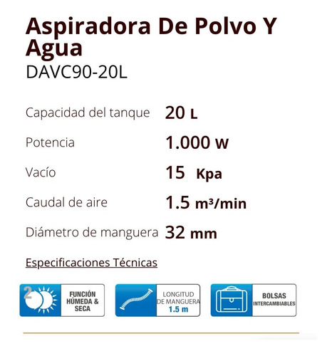 Imagen 5 de 9 de Aspiradora De Polvo Y Agua Daewoo Davc90-20l 20l