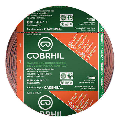 Cable Unipolar Normalizado Cobrhil 1 Mm Rollo 50 Mts Cubierta Marrón