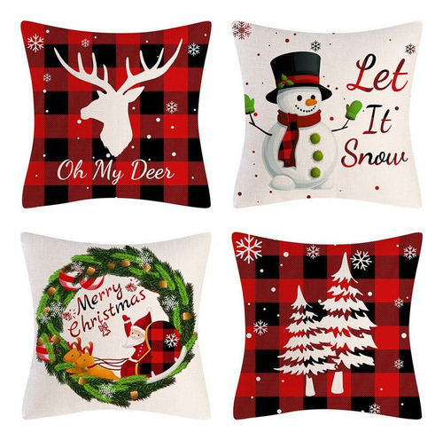 4 Fundas De Almohada Navideñas, Funda De Almohada A Cuadros,