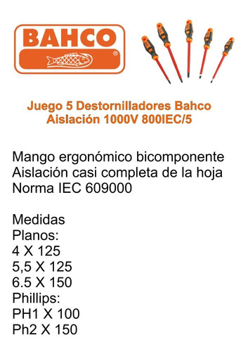 Destornilladores Aislados Bahco 1000v 800iec/5 Juego 5 Pzas