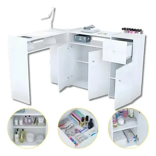 Mesa Para Manicure Em L Nail Designer Com Armário E Gavetas Branco
