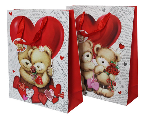 Imagem 3 de 3 de Sacolas Para Presentes Decoradas Kraft Ursinhos Amor Com 12