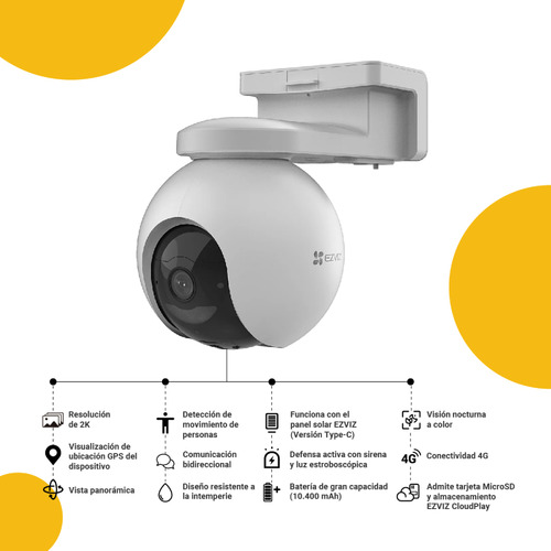 Kit Camara De Seguridad 4g Exterior Ptz Panel Solar Ezviz Cs-eb8-r100 Blanco