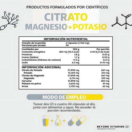 Magnésio e citrato de potássio 1500 mg com banana em pó, açafrão e arroz | Sem enchimentos | Citrato de magnésio e citrato de potássio - 180 cápsulas