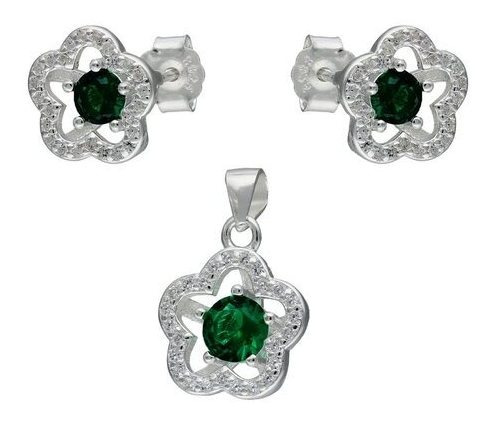 Joyas De Plata 925 Fed Conjunto Flor Circón Esmeralda