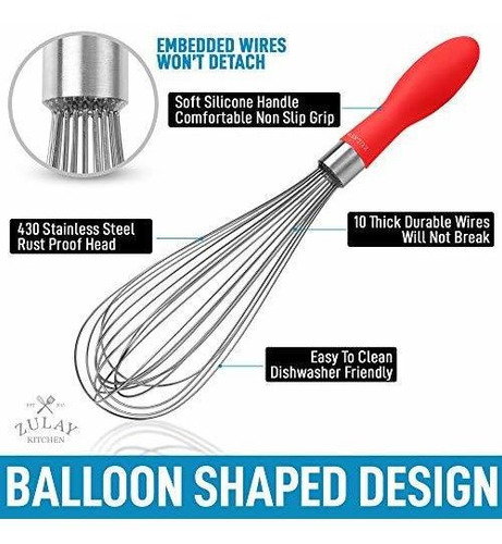 Batidor Manual Forma Globo De Acero Inoxidable Mango Rojo