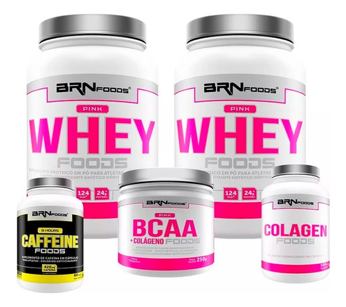 Kit Feminino: 2x Whey Protein + Cafeina + Colageno + Bcaa Sabor Morango