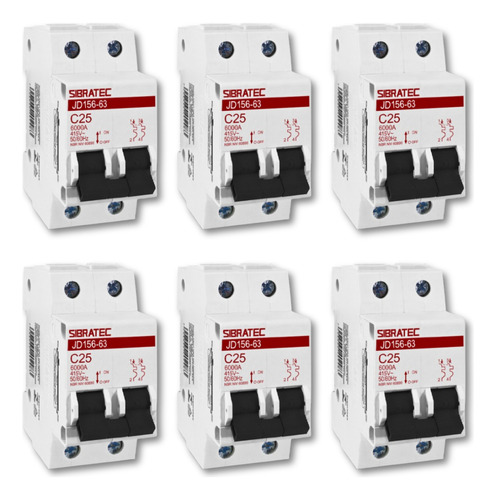 Kit 6peças Disjuntor Mini Bipolar 25a Curva C 6ka