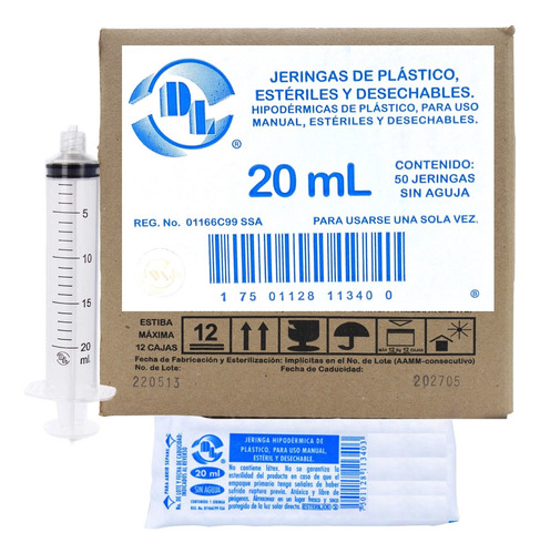 50 Jeringas De Plástico 20 Ml Sin Aguja Grado Médico