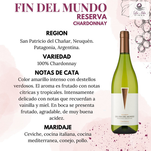 Imagen 2 de 10 de Vino Fin Del Mundo Reserva Chardonnay Caja X 6 X 750ml.