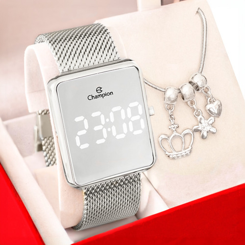 Combo Relógio Feminino Champion Espelhado Prata + Pulseira