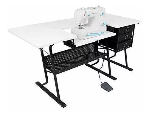  Sew Ready Eclipse - Mesa para pasatiempos y máquina de coser,  mesa de coser blanca con cajones de almacenamiento grises + estante  inferior grande, también se puede utilizar como escritorio de 