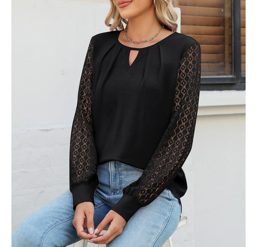 Camiseta De Manga Larga Con Cuello Redondo Para Mujer