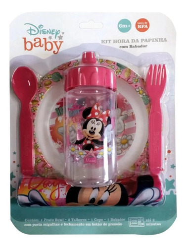 Imagem 5 de 7 de Kit Hora Da Papinha Minnie Disney Babador Prato Talher Copo