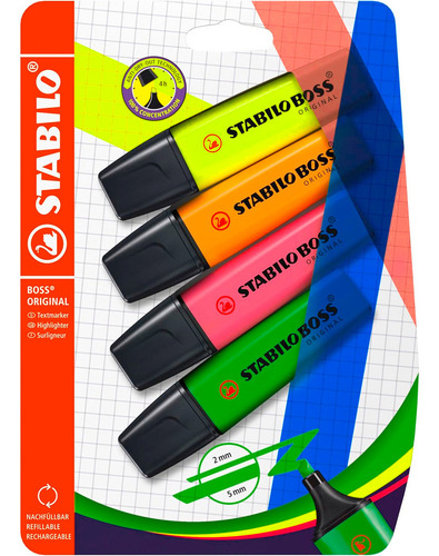 Set 4 Destacadores Stabilo Boss Neon Punta Cincel 2 - 5 Mm
