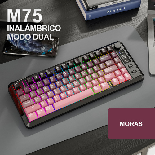 Teclado Free Wolf M75 Rgb Inalámbrico Bluetooth Con Pantalla Rosa