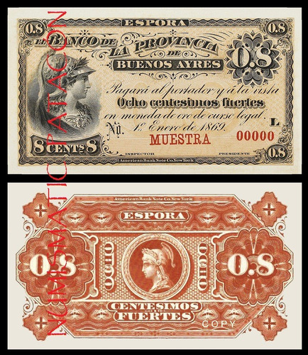 Billete 8 Centésimos Fuertes Buenos Aires 1869 - Copia 500s