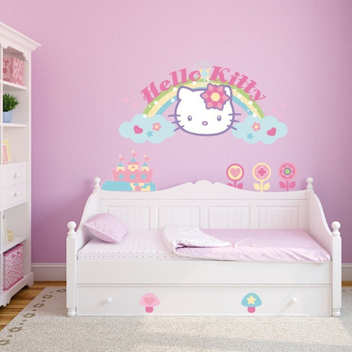 Vinilo Decorativo Hello Kitty 03 Arcoíris Castillo Y Flores