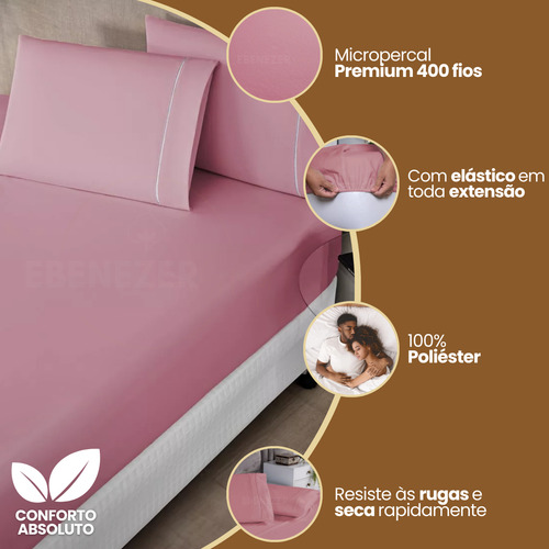 Jogo De Cama Casal Padrão C/ Elástico 3 Peças 400 Fios Fronha Ponto Palito Toque Suave E Macio Cor Rose