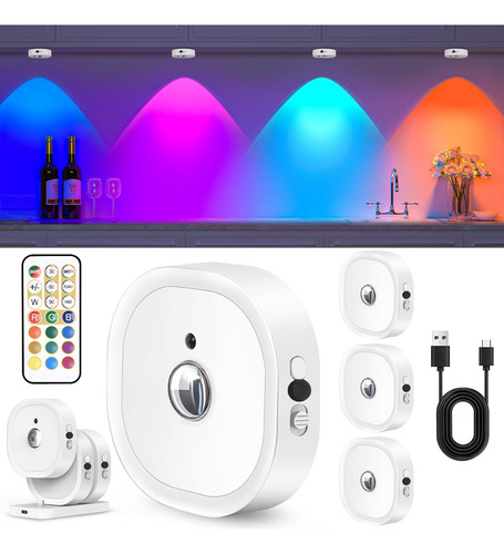 Bylifity® Lampara Led Recargable Para Pared, 13 Colores Rgb Luces De Disco Con Control Remoto, Inalámbricas Luz De Clóset Blanco Con Estación De Carga (4 Piezas)