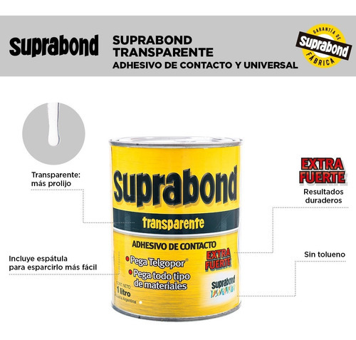 Adhesivo Suprabond Transparente Extra Fuerte En Lata 1 LitroPegamento Contacto y Universal Suprabond Suprabond Transparente