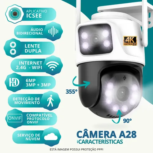 Câmera de Segurança iCSee A28B Ali Ron 2026 4K Wi-Fi PTZ com Lente Dupla e Visão Noturna Colorida