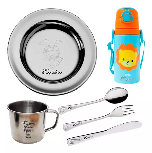 Kit Infantil Escolar Inox Prato Tramontina Squeeze Buba Nome